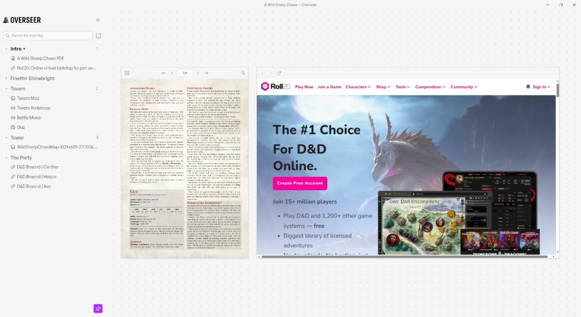 The sidebar listing separate screens for the intro, the tavern, the tower, and the party, beside an open adventure PDF and Roll20 still logged in.