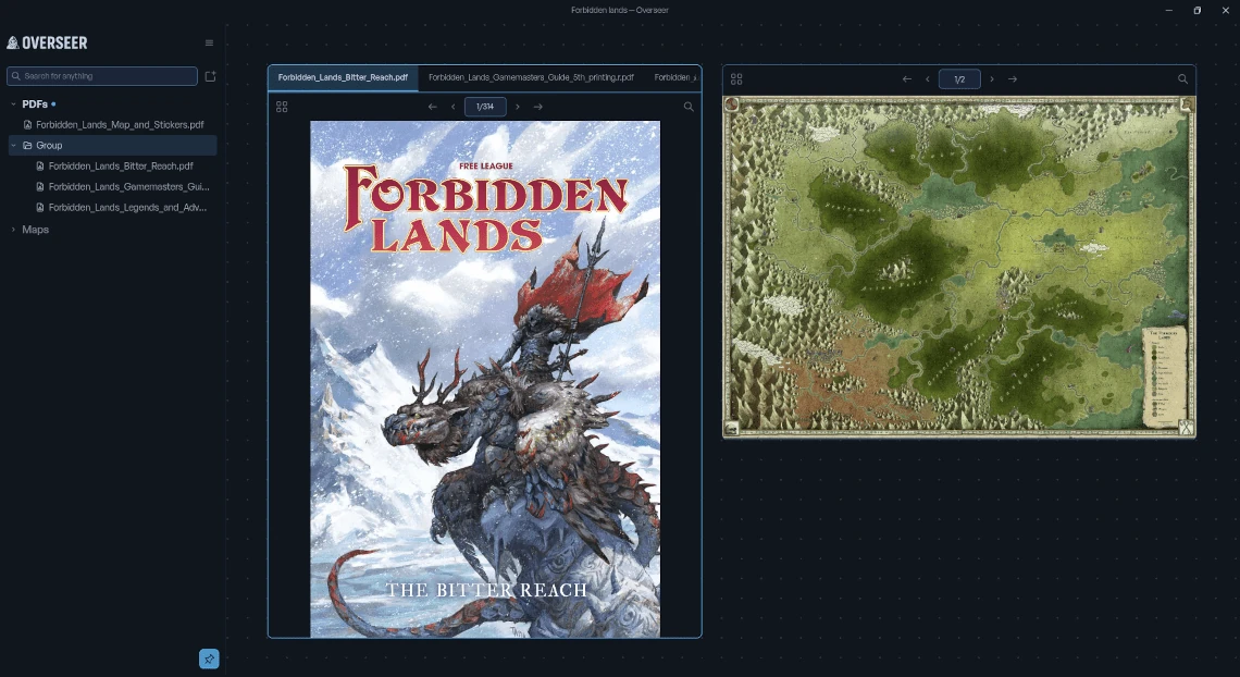 Three Forbidden Lands PDFs stacked as tabs inside a single tile, with the region map open in a tile beside it.