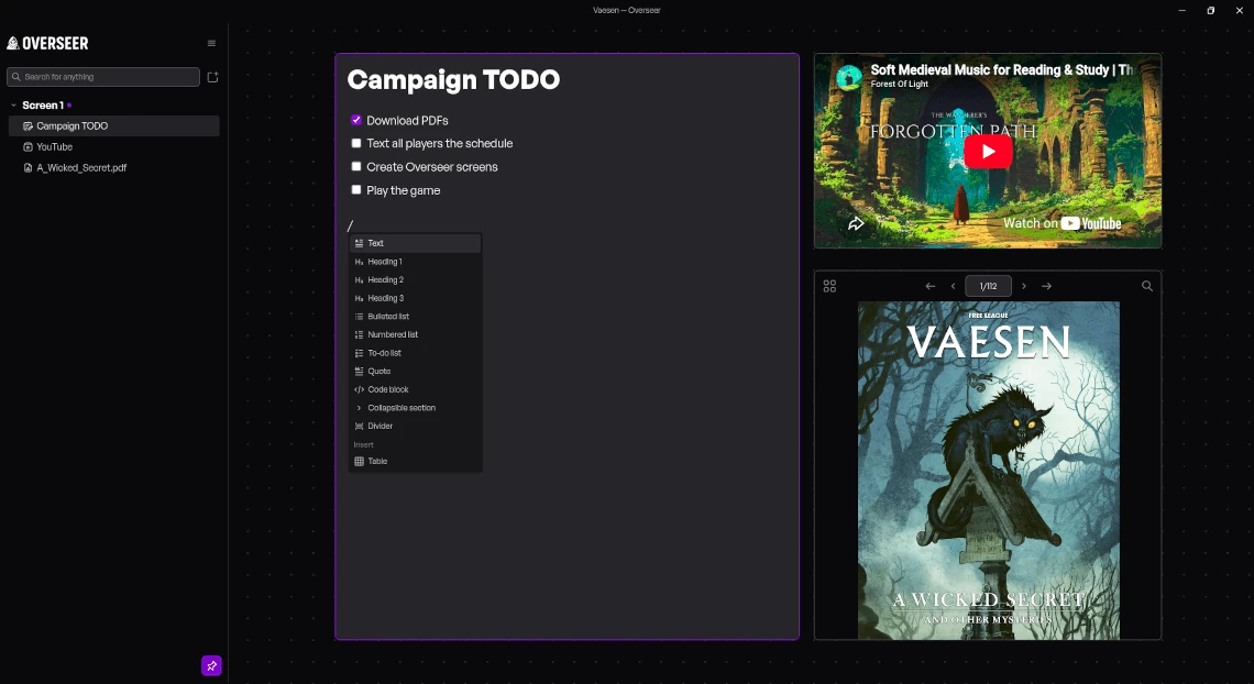 A Campaign TODO document tile with a checklist and the slash command menu open, next to a music video and the Vaesen rulebook.