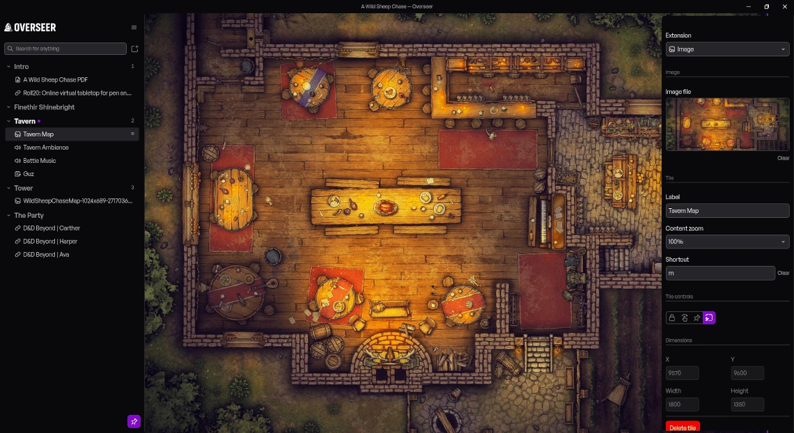A tavern battle map filling the canvas, with the tile settings panel open beside it and the shortcut key m assigned to that tile.