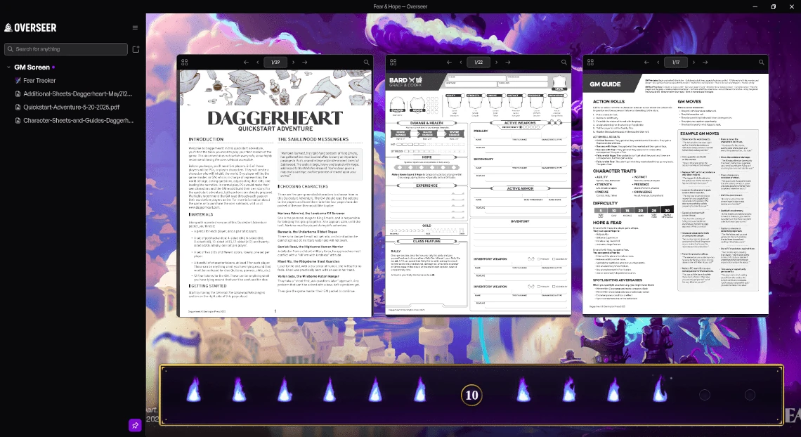 A Daggerheart GM screen: three reference PDFs over a nebula background, with a Fear Tracker pinned across the bottom of the canvas.