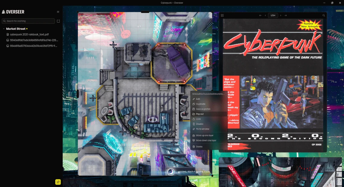 A Cyberpunk street map with the tile context menu open on Pop out, ready to send that map to its own window.
