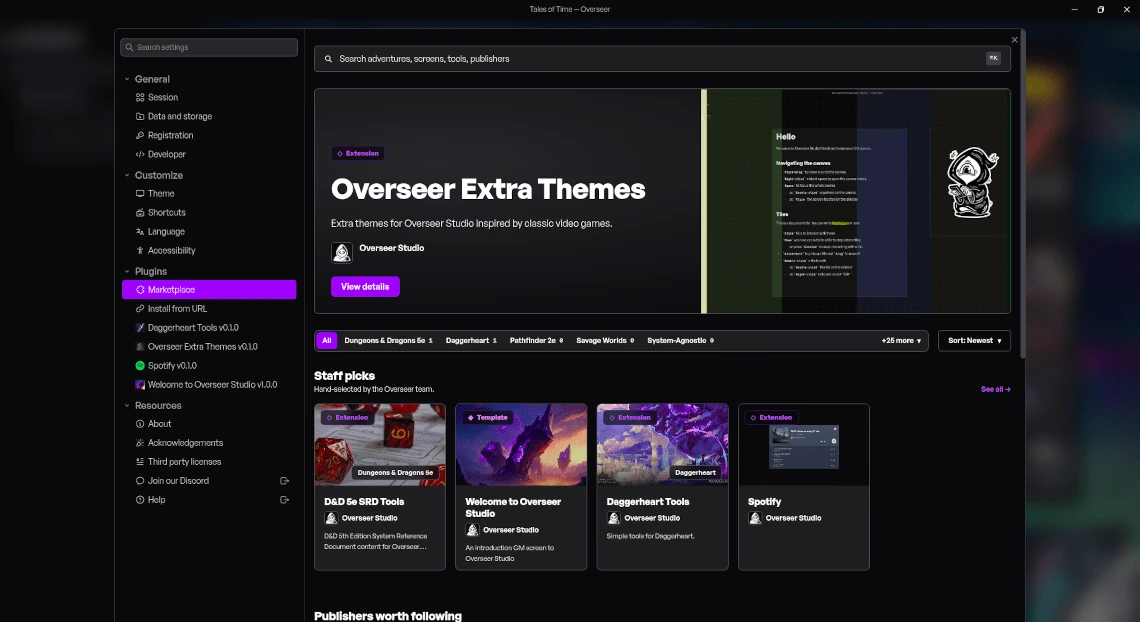 The plugin marketplace open inside Overseer, with a featured theme pack and a row of staff picks to install.
